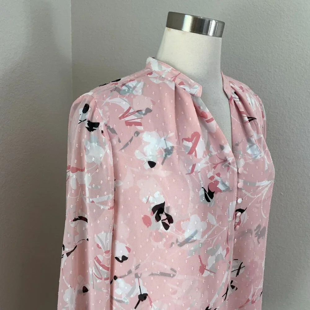 White House Black Market Womens 14‎ Petite Floral Blouse Long Sleeve V Neck Pink